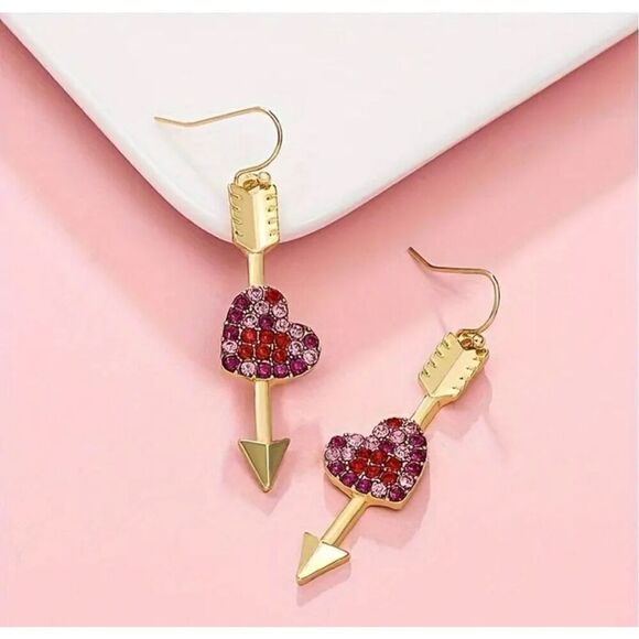 Earrings Heart Arrow Key Dangle Red Pink Gold Jewelry Gift Betsey Johnson Vibes - Picture 1 of 9